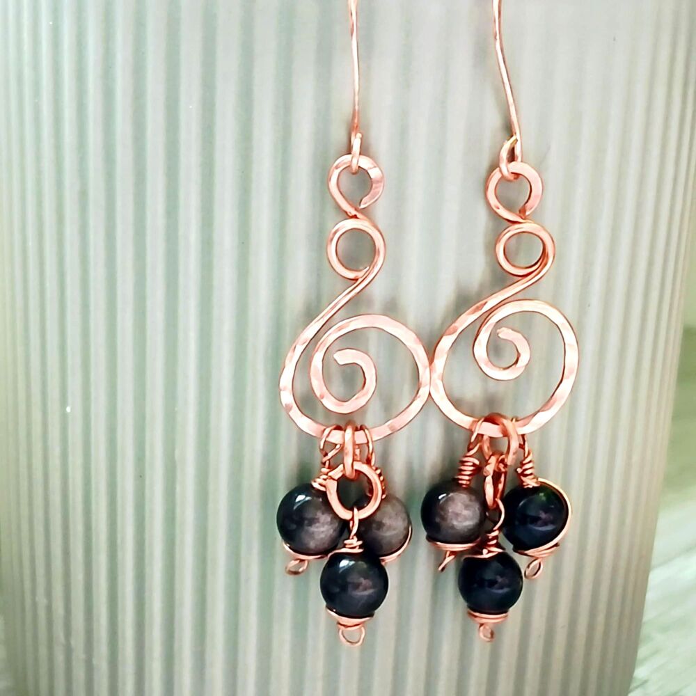 Boho Chic Obsidian Crystal Dangle Earrings, Hammered Copper Gemstone Jewelry - Picture 2 of 4